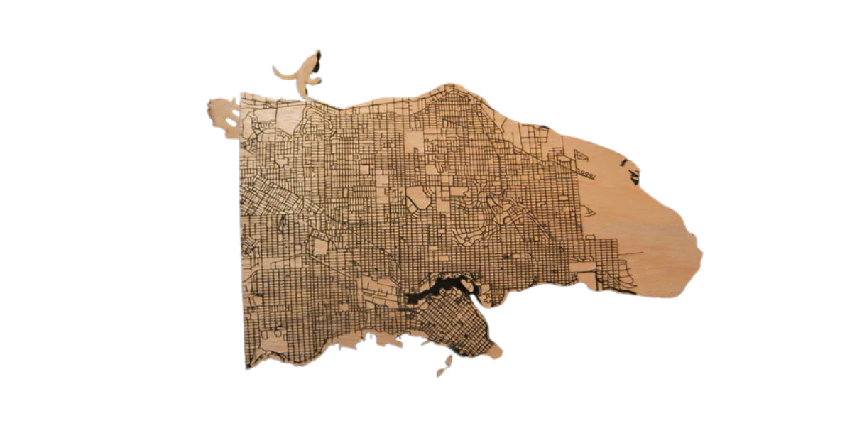 Laser cut wooden maps with public data